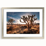 Textured art print of Joshua Tree with abstract design in muted earth tones, framed in silver, ideal for bedroom decor.