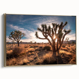 Framed canvas featuring a Joshua Tree landscape in muted earth tones, ideal for bedroom wall art.