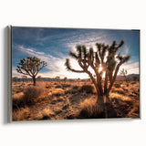 Framed canvas of a Joshua Tree landscape in muted earth tones, ideal for living room decor.