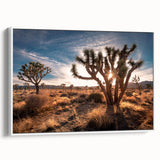 Vintage poster art of Joshua Tree, with muted earth tones on a framed canvas, ideal for living room decor.