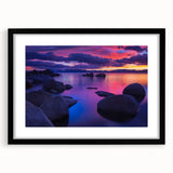 Extra large wall art of Lake Tahoe in vibrant colors on textured canvas, framed in black, suitable for living room decor.