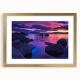 Extra large abstract art print of Lake Tahoe in textured blues and greens on a gold-framed canvas.