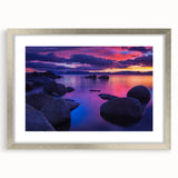 Textured abstract art print of Lake Tahoe in muted blue and gray tones on a framed canvas, suitable for bedroom decor.