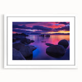 Abstract art print of Lake Tahoe in muted blue and green tones on a framed white mat, ideal for dining room decor.