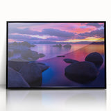 Large abstract wall art depicting Lake Tahoe in muted blue and green tones, framed acrylic print.