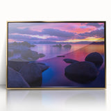 Large art print of Lake Tahoe in a mid-century modernist style, framed in acrylic with gold tones.