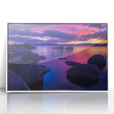 Art deco poster of Lake Tahoe with serene blue and white palette on framed acrylic, suitable for modern art wall decor.