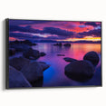 Black and white framed canvas of Lake Tahoe landscape, ideal for bedroom wall art with a vintage poster style.