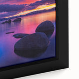Extra large framed canvas of Lake Tahoe with textured, colorful art on a black background, ideal for living room decor.