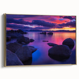 Framed canvas of Lake Tahoe landscape with vintage poster style in black and gold, ideal for bedroom wall art.