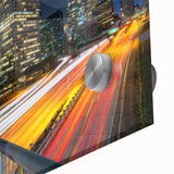 Large abstract wall art depicting the Los Angeles skyline in mid-century modernist style on acrylic glass.