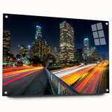 Acrylic print of a large abstract depiction of the Los Angeles skyline in muted blues and grays.