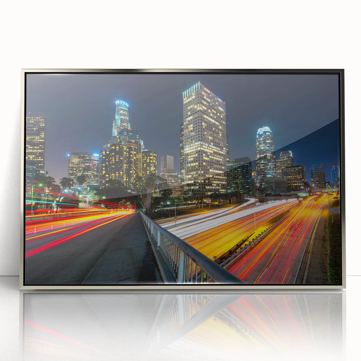 Mid-century modernist art of Los Angeles skyline in muted colors on a silver-framed acrylic, ideal for nursery wall art.