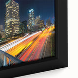 Extra large framed canvas of Los Angeles skyline with textured black and colorful art, ideal for living room decor.