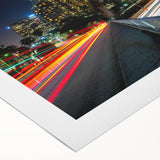 Art deco poster of Los Angeles skyline in pastel hues on rolled canvas, suitable for dining room decor.