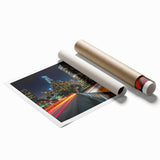 Extra large rolled print of a Los Angeles skyline with vibrant sunset colors, ideal for classy bathroom wall art.