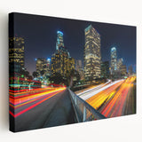 Los Angeles skyline in muted gray and blue tones on a large stretched canvas, suitable for kitchen wall art.