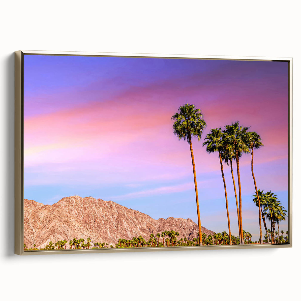 Framed canvas wall art featuring a vintage-style Palm Springs landscape with black and gold tones, ideal for bedroom decor.