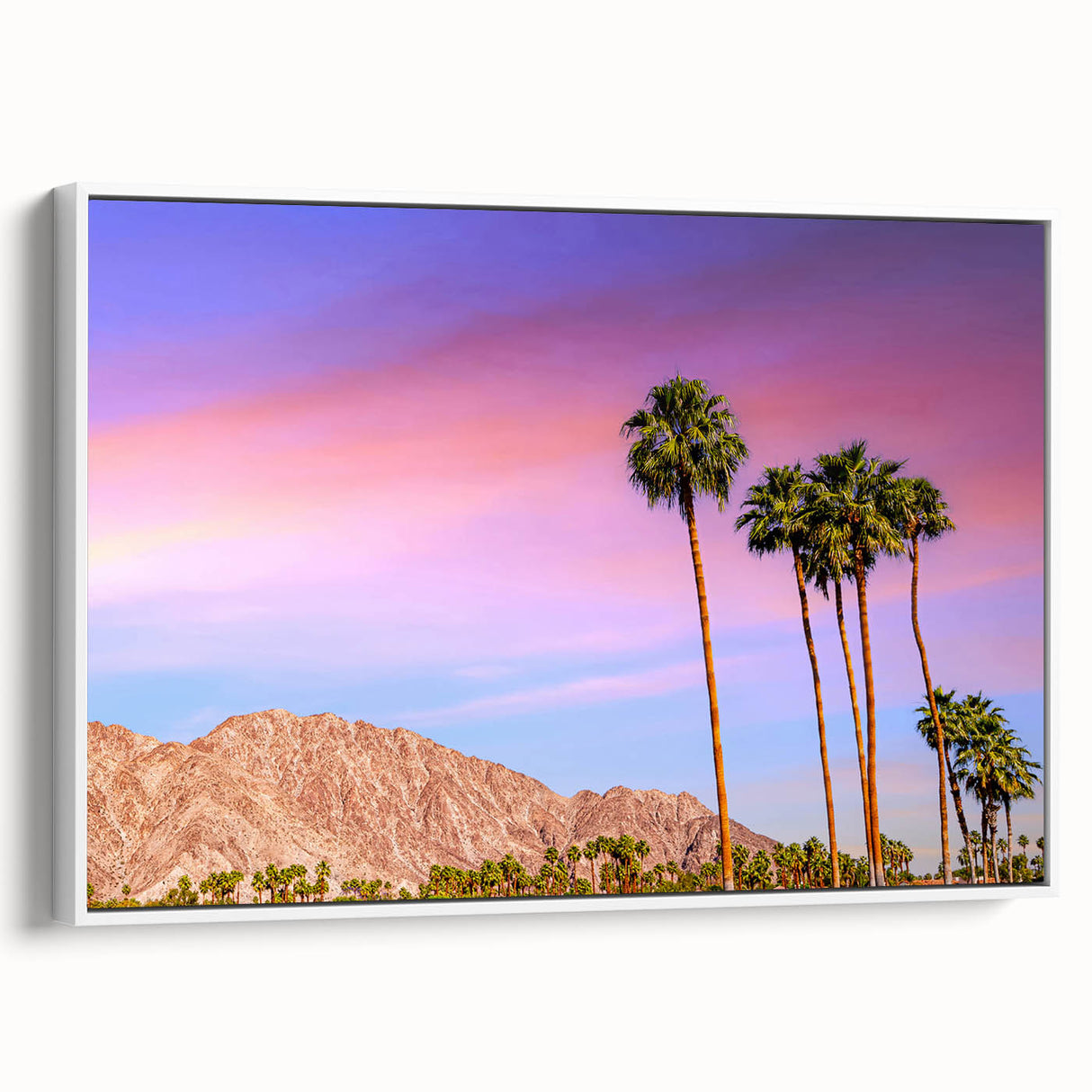Vintage poster art of Palm Springs with colorful skyline on extra large framed canvas, ideal for living room decor.
