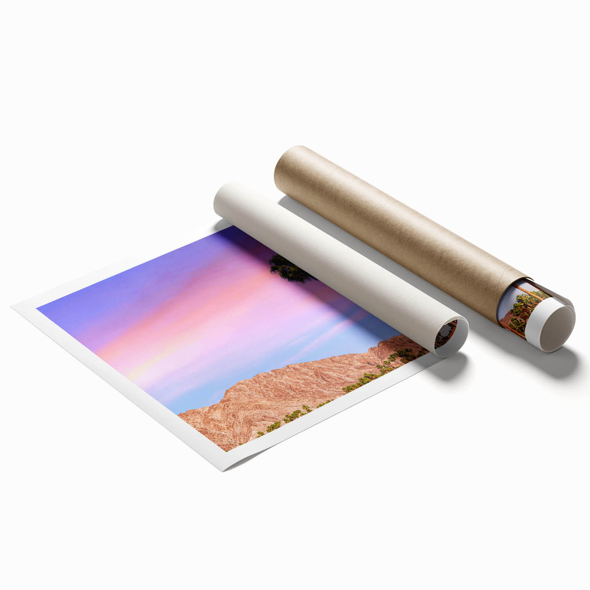 Extra large wall art featuring a minimalist Palm Springs landscape in pastel shades on rolled canvas.