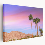 Palm Springs landscape on stretched canvas featuring pastel pink and blue sky, ideal for kitchen wall art.