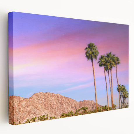Palm Springs landscape on stretched canvas featuring pastel pink and blue sky, ideal for kitchen wall art.