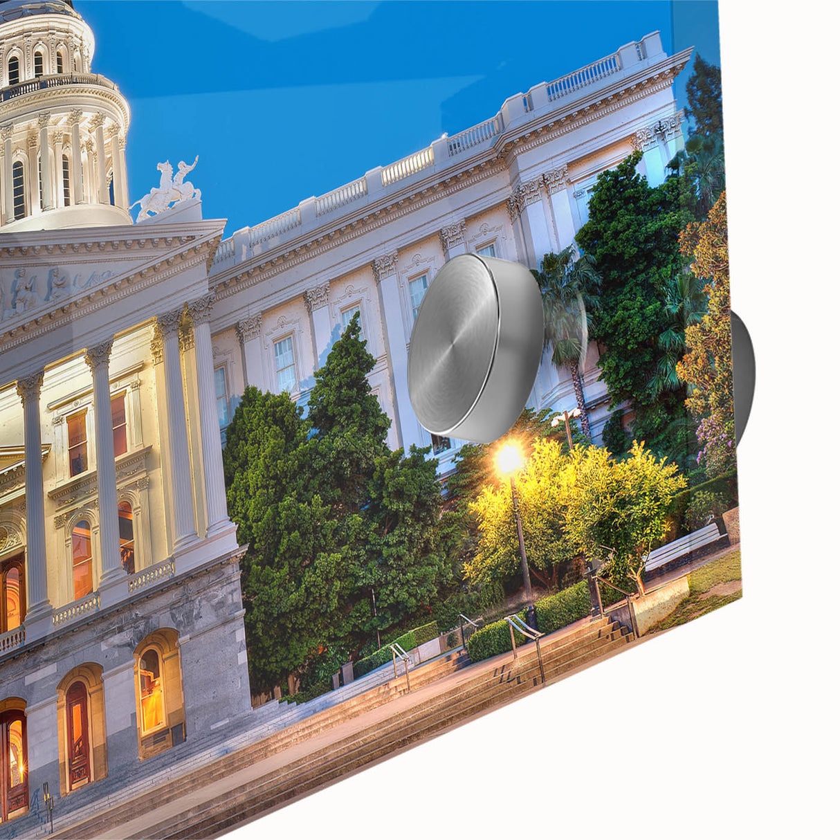 Large abstract wall art featuring the Sacramento skyline in muted earth tones on acrylic glass.