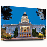 Acrylic print of a large abstract depiction of Sacramento skyline in muted earth tones.