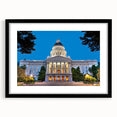 Extra large abstract art print of a colorful Sacramento scene on textured canvas, framed in black.