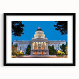 Extra large abstract art print of a colorful Sacramento scene on textured canvas, framed in black.
