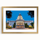 Extra large abstract art print of a textured Sacramento skyline in muted earth tones on a framed canvas.