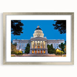 Textured abstract art print of Sacramento scenery in silver frame, ideal for bedroom decor.