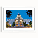 Abstract art print of Sacramento scenery in muted earth tones on a framed white mat, suitable for dining room decor.