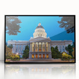 Large abstract wall art depicting the Sacramento skyline in muted black and white tones, framed in acrylic.