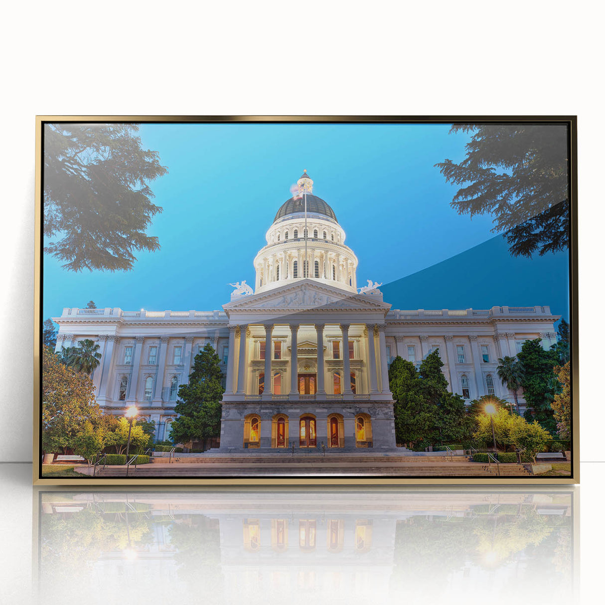 Mid-century modernist art of Sacramento skyline in gold and teal tones on framed acrylic, suitable for modern art wall decor.