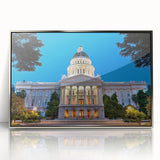 Mid-century modernist art of Sacramento skyline in muted earth tones on a silver-framed acrylic, ideal for nursery wall art.