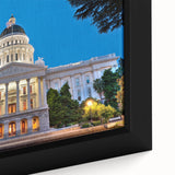 Framed canvas of textured Sacramento skyline in black with colorful accents, suitable for large living room walls.