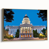 Framed canvas of a Sacramento landscape in muted gold tones, ideal for bedroom wall art.