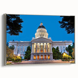 Landscape art painting of Sacramento scenery on a silver-framed canvas.