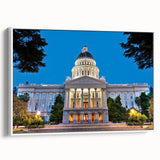 Framed vintage poster art of Sacramento, featuring colorful, extra-large imagery on a black background.