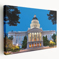 Large stretched canvas with a detailed depiction of Sacramento skyline in muted earth tones, suitable for kitchen wall art.