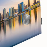 Mid-century modernist style large abstract wall art of San Diego skyline in acrylic print, ideal for dining room decor.