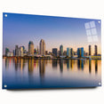 Acrylic print of the San Diego skyline in muted blue and gray tones, suitable for bedroom or dining room decor.