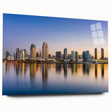 Acrylic print of a large abstract depiction of San Diego skyline in muted blue and green shades.