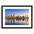 Extra large abstract art print of colorful, textured San Diego scenery on a black framed canvas, ideal for living room decor.
