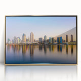 Large art print of San Diego skyline in muted gold tones on a framed acrylic, ideal for modern art wall decor.