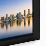 Black wall art depicting San Diego scenery with vibrant, textured colors on a framed canvas, ideal for living room decor.