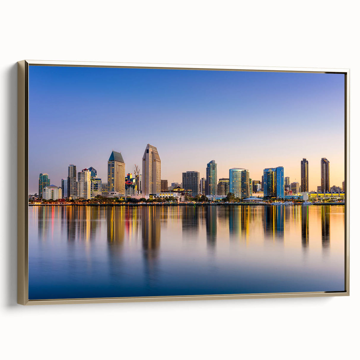 Vintage poster art of San Diego skyline in colorful hues on a framed canvas, ideal for extra large living room wall decor.