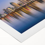 Art deco poster of San Diego skyline in muted gray and blue tones on rolled canvas, suitable for dining room wall art.