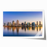 Rolled print of San Diego skyline with soft pastel shades, ideal for art wall dining room.